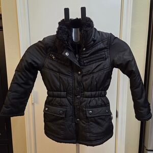 KC Collections Girls Black Puffer Parka Jacket Faux Fur Collar Size 6 L Large